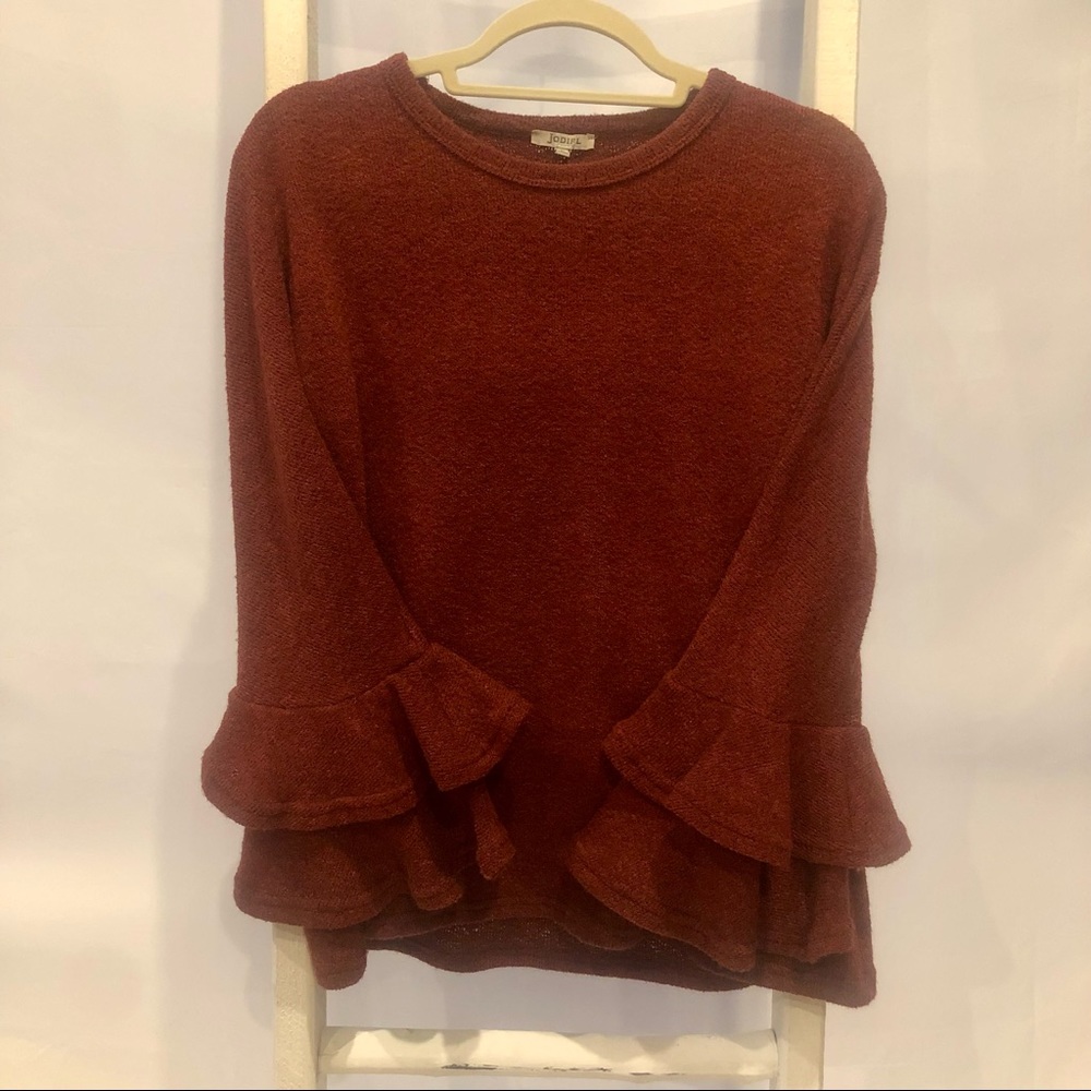 Jodifl Burgundy Ruffle Sleeve Sweater. Size Sm.